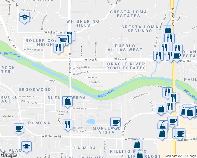 map of restaurants, bars, coffee shops, grocery stores, and more near 1200 West Elko Street in Tucson