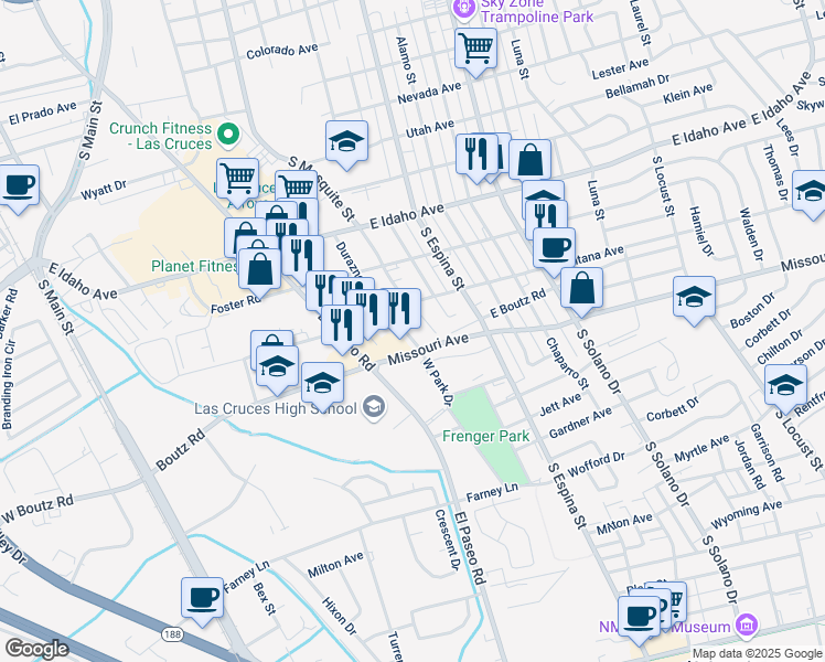 map of restaurants, bars, coffee shops, grocery stores, and more near 1555 Durazno Street in Las Cruces