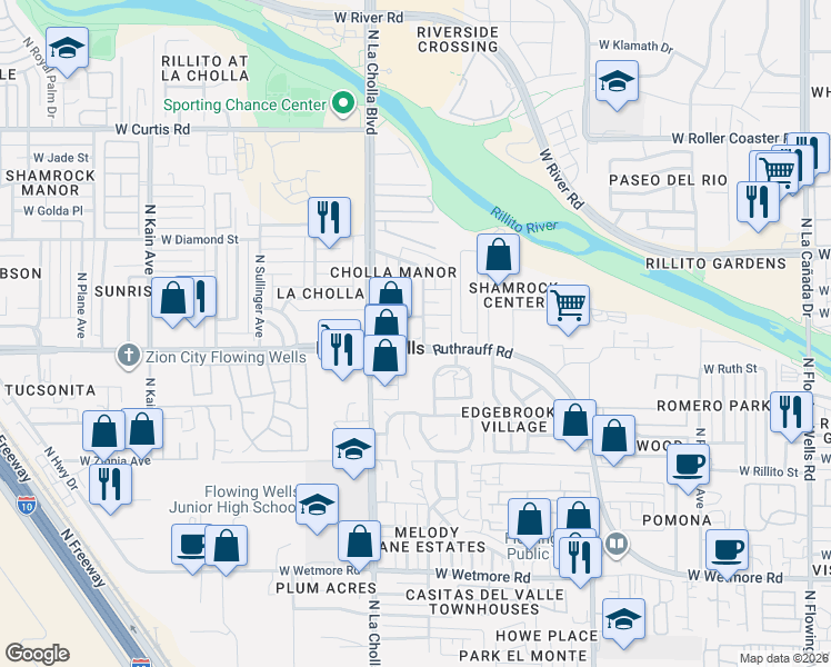 map of restaurants, bars, coffee shops, grocery stores, and more near 4811 North Jay Avenue in Tucson