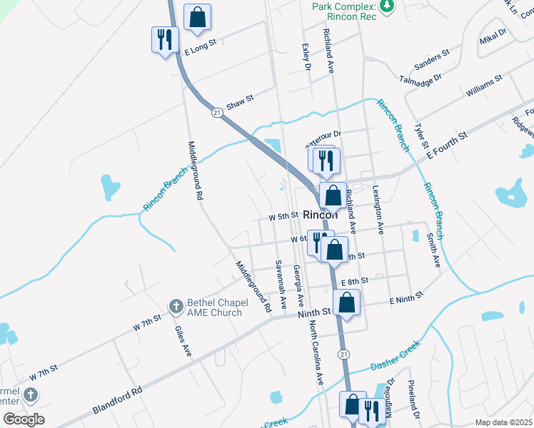 map of restaurants, bars, coffee shops, grocery stores, and more near 302 5th Street in Rincon