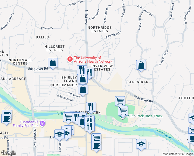 map of restaurants, bars, coffee shops, grocery stores, and more near 855 East River Road in Tucson