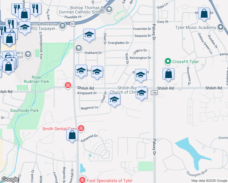 map of restaurants, bars, coffee shops, grocery stores, and more near 5012 Kingspark Drive in Tyler
