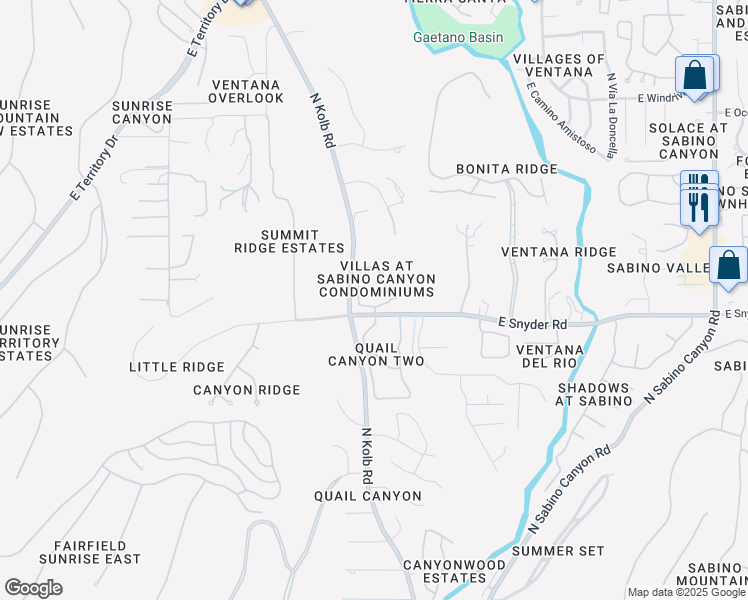 map of restaurants, bars, coffee shops, grocery stores, and more near 7255 East Snyder Road in Tucson