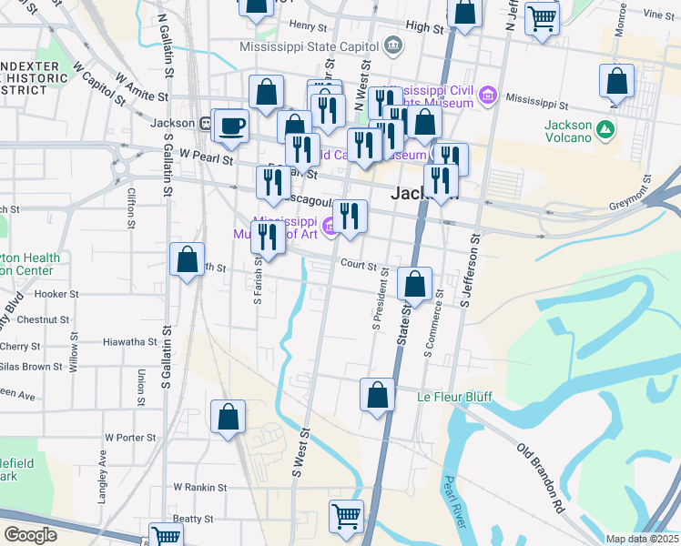 map of restaurants, bars, coffee shops, grocery stores, and more near 401 Court Street in Jackson