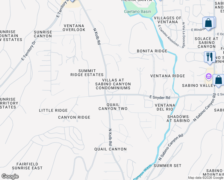 map of restaurants, bars, coffee shops, grocery stores, and more near 7255 East Snyder Road in Tucson