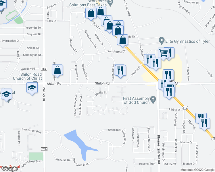 map of restaurants, bars, coffee shops, grocery stores, and more near 418 Nimitz Street in Tyler