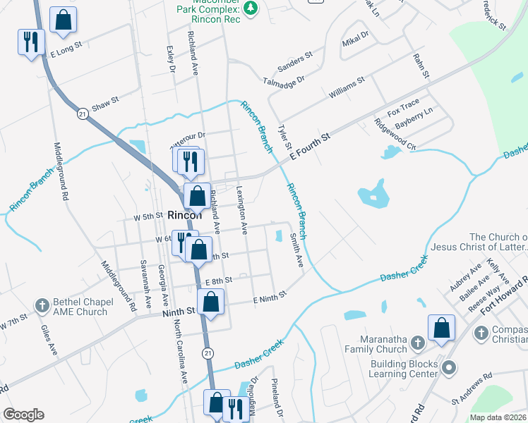 map of restaurants, bars, coffee shops, grocery stores, and more near 307 East 5th Street in Rincon