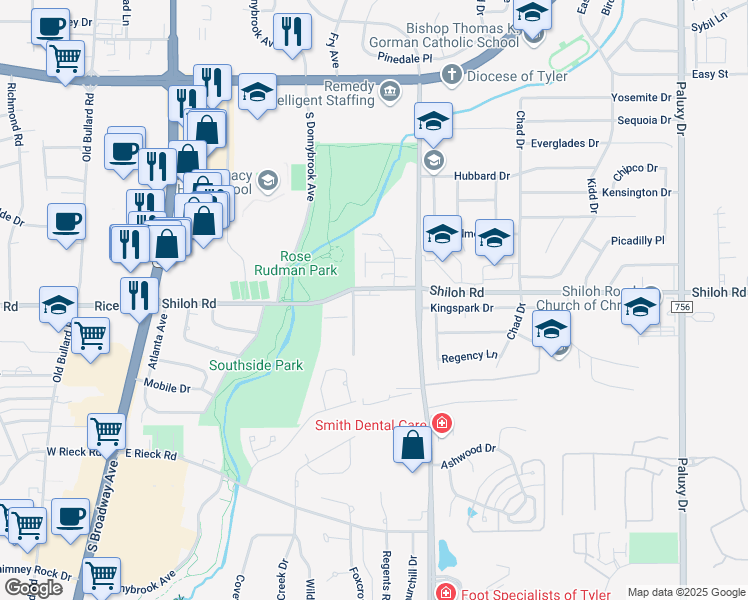 map of restaurants, bars, coffee shops, grocery stores, and more near 811 Shiloh Road in Tyler