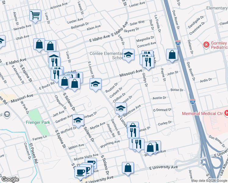 map of restaurants, bars, coffee shops, grocery stores, and more near 1865 Corbett Drive in Las Cruces