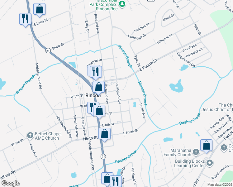 map of restaurants, bars, coffee shops, grocery stores, and more near 205 East 5th Street in Rincon