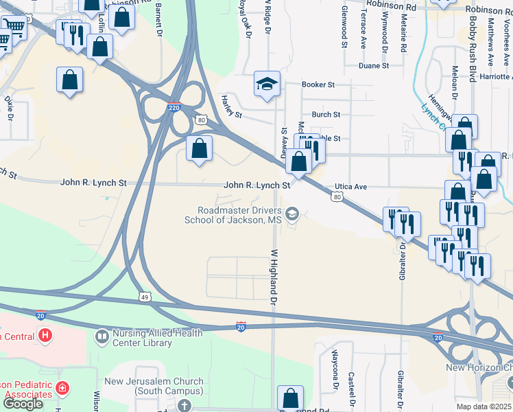 map of restaurants, bars, coffee shops, grocery stores, and more near 1521 West Highland Drive in Jackson
