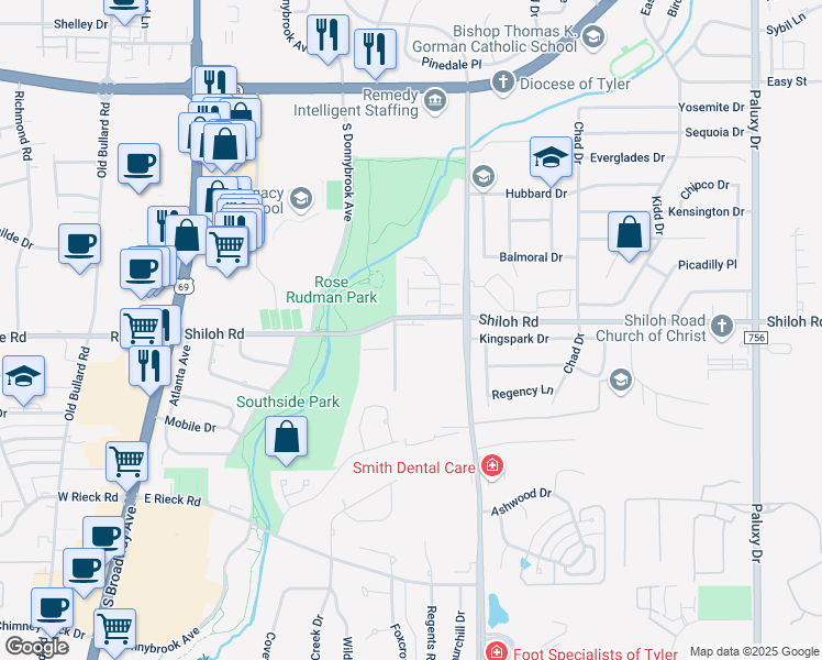 map of restaurants, bars, coffee shops, grocery stores, and more near 811 Shiloh Road in Tyler