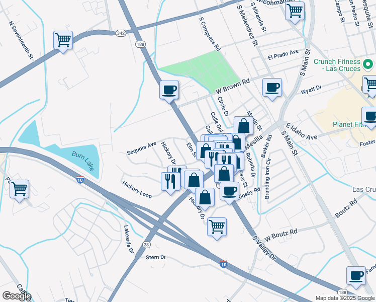 map of restaurants, bars, coffee shops, grocery stores, and more near 1014 Elm Street in Las Cruces
