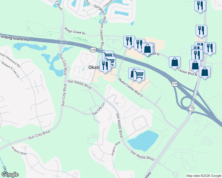 map of restaurants, bars, coffee shops, grocery stores, and more near 20 Padgett Ct in Bluffton
