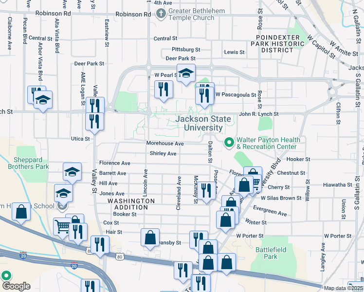 map of restaurants, bars, coffee shops, grocery stores, and more near 1380 Cleveland Avenue in Jackson
