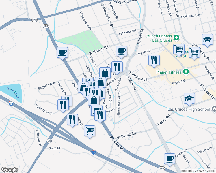map of restaurants, bars, coffee shops, grocery stores, and more near 1305 Roberts Drive in Las Cruces