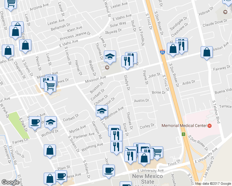 map of restaurants, bars, coffee shops, grocery stores, and more near 2015 Anderson Drive in Las Cruces