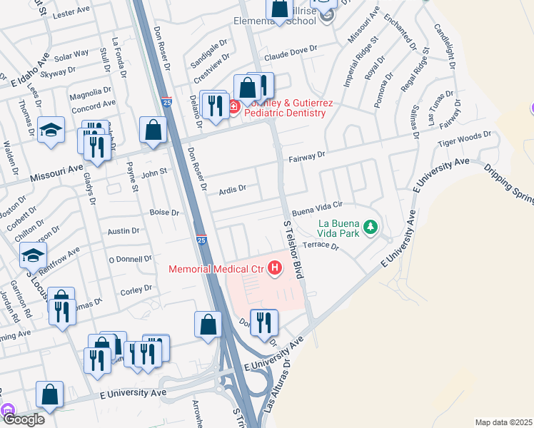 map of restaurants, bars, coffee shops, grocery stores, and more near 2841 Buena Vida Court in Las Cruces