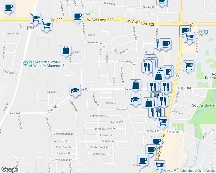 map of restaurants, bars, coffee shops, grocery stores, and more near 5001 Barclay Drive in Tyler