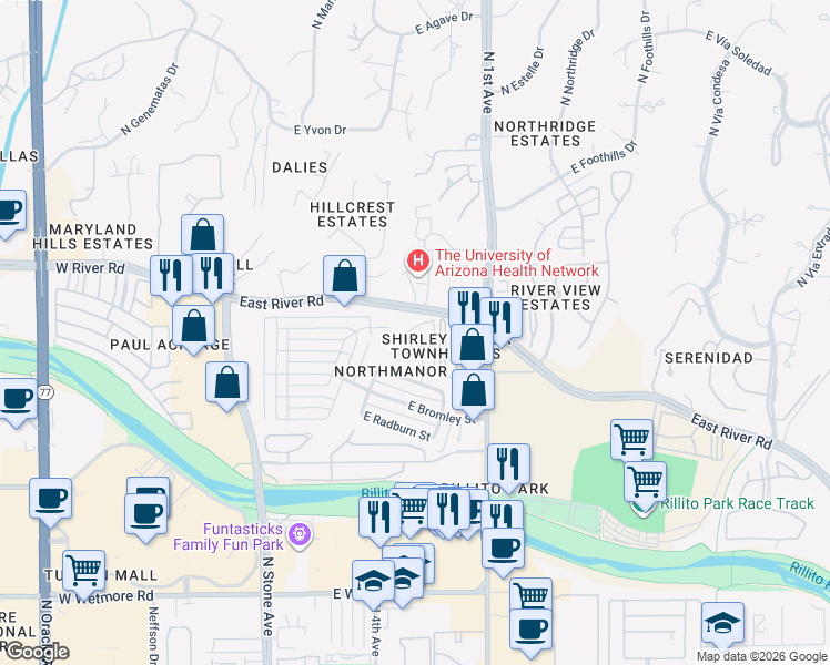map of restaurants, bars, coffee shops, grocery stores, and more near 4835 North Los Altos Place in Tucson