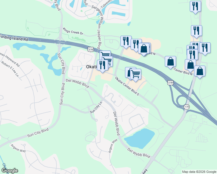 map of restaurants, bars, coffee shops, grocery stores, and more near 20 Padgett Court in Bluffton