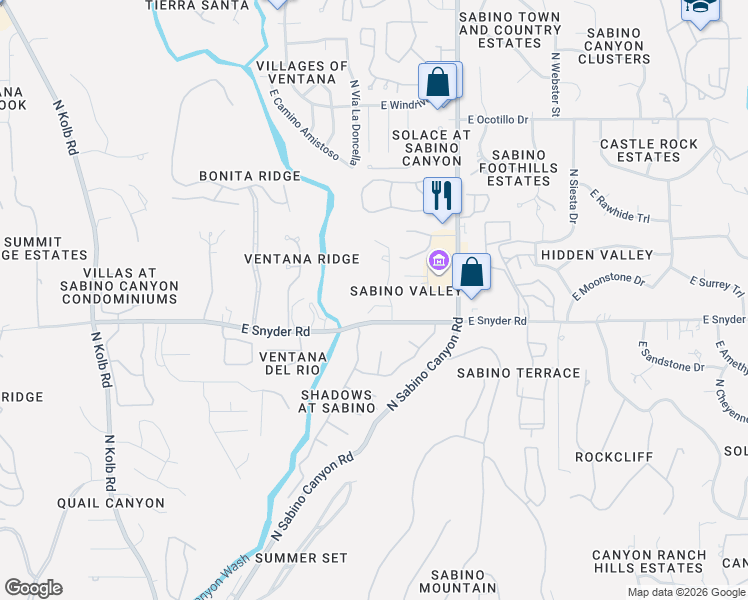 map of restaurants, bars, coffee shops, grocery stores, and more near 7723 Sabino Enclave Place in Tucson