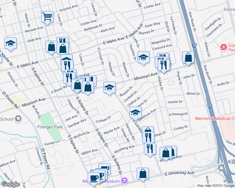map of restaurants, bars, coffee shops, grocery stores, and more near 1862 Boston Drive in Las Cruces
