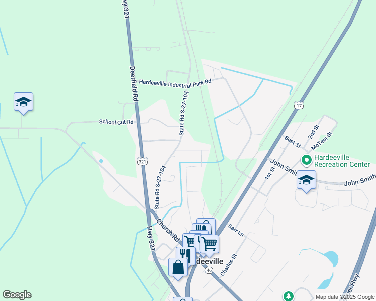 map of restaurants, bars, coffee shops, grocery stores, and more near Stiney Funeral Home Road in Hardeeville