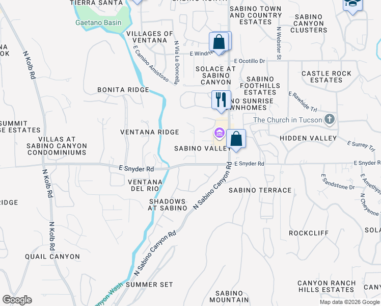 map of restaurants, bars, coffee shops, grocery stores, and more near 7743 Sabino Enclave Place in Tucson