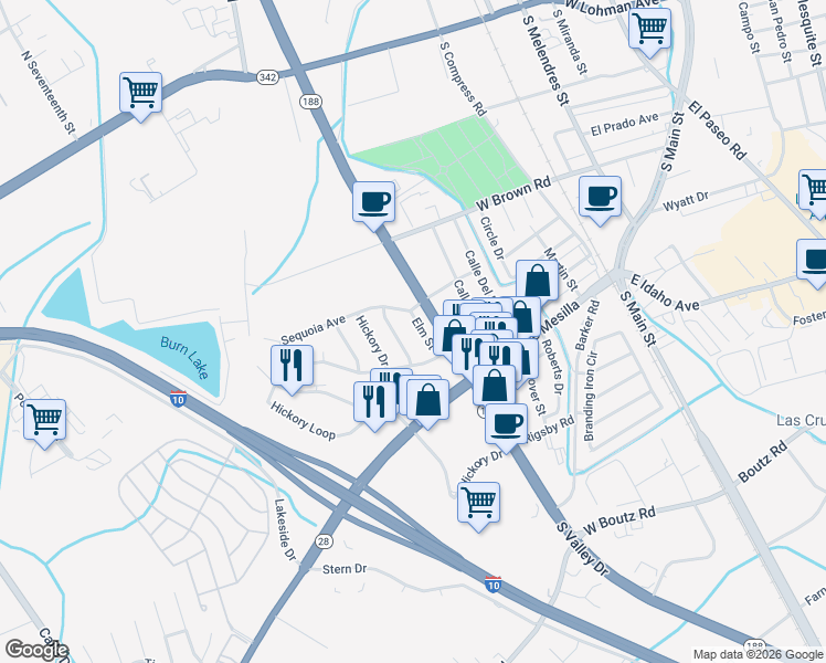 map of restaurants, bars, coffee shops, grocery stores, and more near 1010 Elm Street in Las Cruces