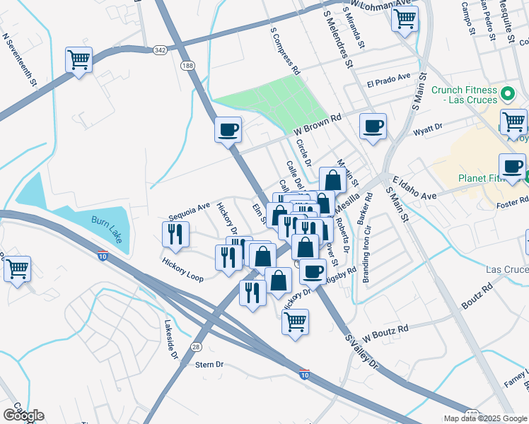 map of restaurants, bars, coffee shops, grocery stores, and more near 1014 Elm Street in Las Cruces