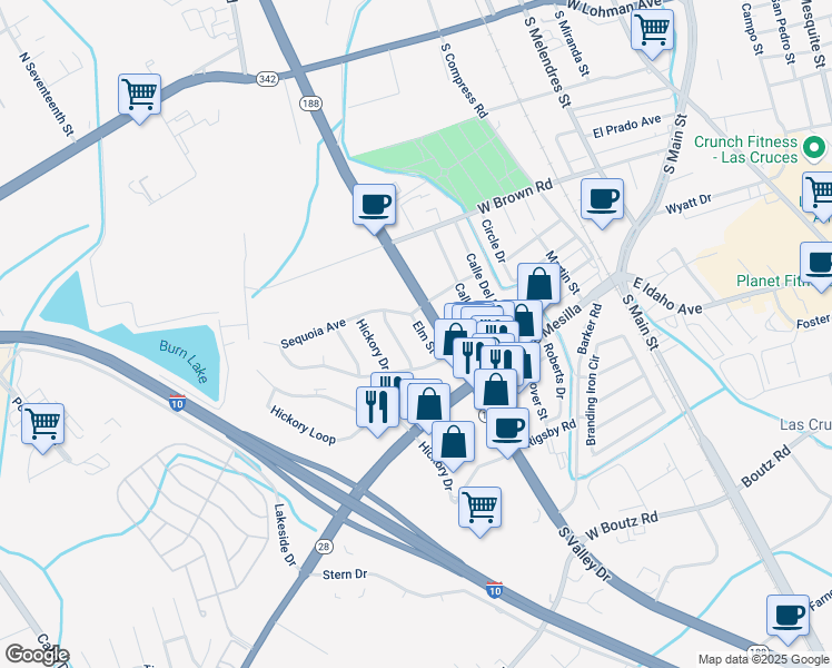 map of restaurants, bars, coffee shops, grocery stores, and more near 1014 Elm Street in Las Cruces