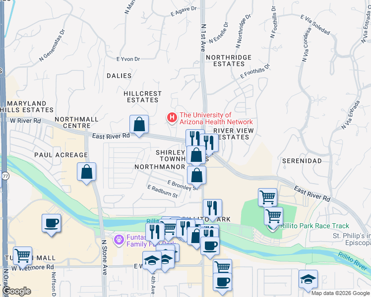 map of restaurants, bars, coffee shops, grocery stores, and more near 660 East River Road in Tucson