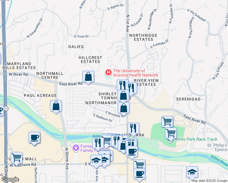map of restaurants, bars, coffee shops, grocery stores, and more near 660 East River Road in Tucson