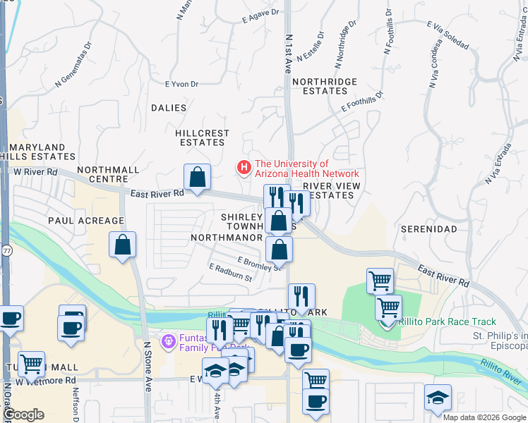map of restaurants, bars, coffee shops, grocery stores, and more near 660 East River Road in Tucson