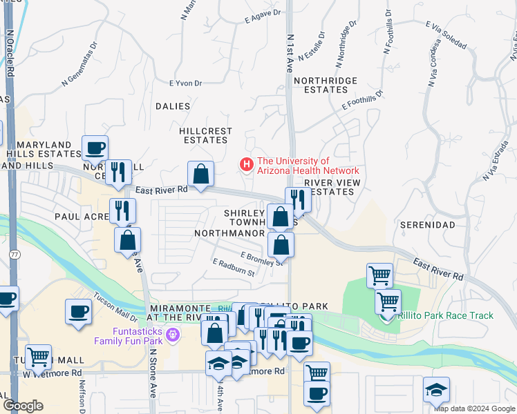 map of restaurants, bars, coffee shops, grocery stores, and more near 660 East River Road in Tucson
