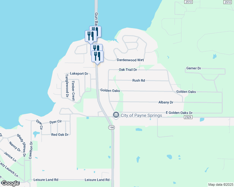 map of restaurants, bars, coffee shops, grocery stores, and more near 110 East Golden Oaks Drive in Mabank