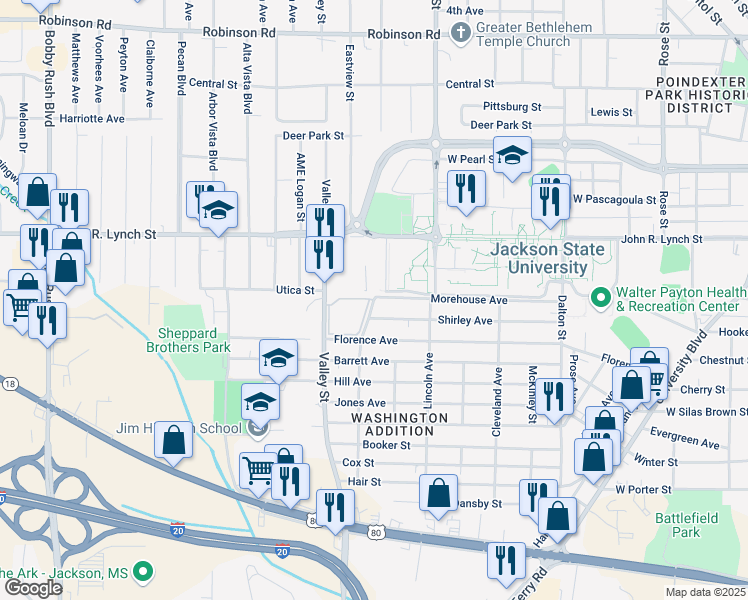 map of restaurants, bars, coffee shops, grocery stores, and more near 1409 Washington Avenue in Jackson
