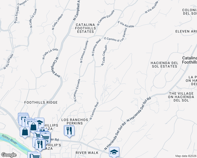 map of restaurants, bars, coffee shops, grocery stores, and more near 4860 North Camino Real in Tucson
