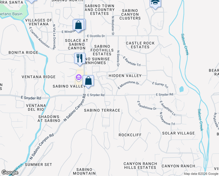 map of restaurants, bars, coffee shops, grocery stores, and more near 8085 East Shadow Canyon Road in Tucson
