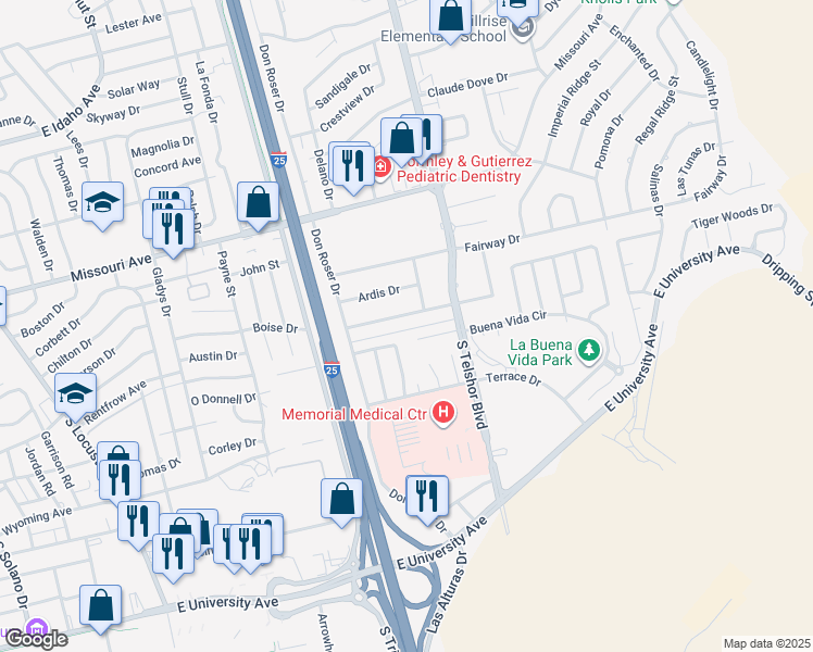map of restaurants, bars, coffee shops, grocery stores, and more near 2715 Huntington Drive in Las Cruces