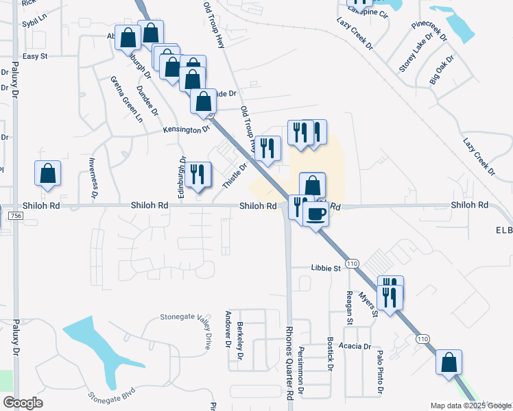 map of restaurants, bars, coffee shops, grocery stores, and more near 2901 Shiloh Road in Tyler