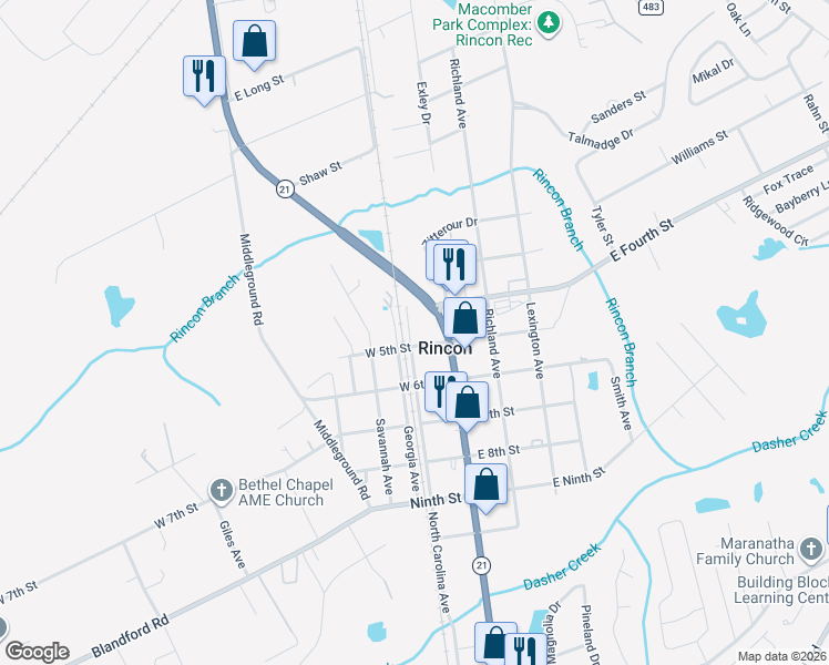map of restaurants, bars, coffee shops, grocery stores, and more near 504 North Carolina Avenue in Rincon