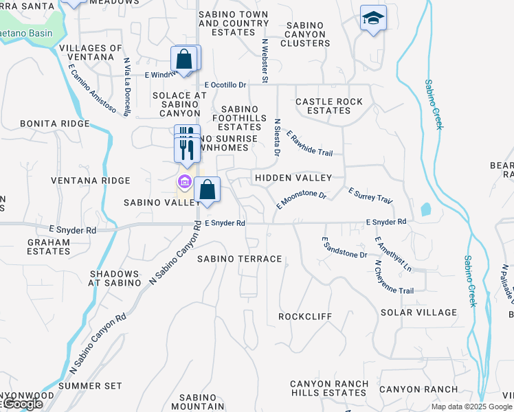 map of restaurants, bars, coffee shops, grocery stores, and more near 8085 East Shadow Canyon Road in Tucson