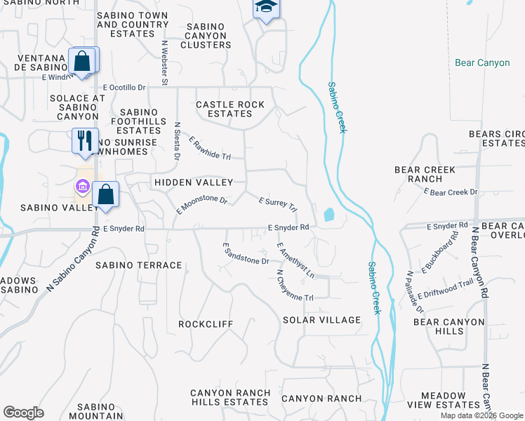 map of restaurants, bars, coffee shops, grocery stores, and more near 8340 East Surrey Trail in Tucson