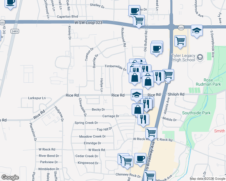 map of restaurants, bars, coffee shops, grocery stores, and more near 5014 Forestwood Boulevard in Tyler