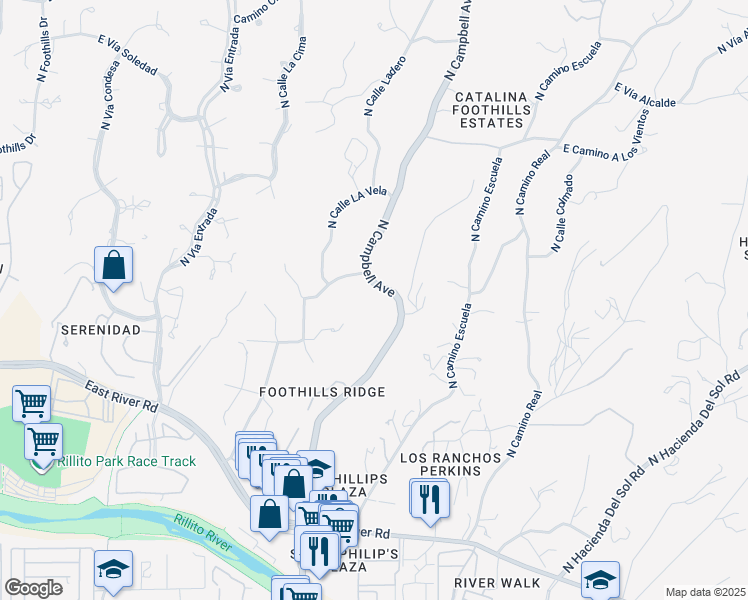map of restaurants, bars, coffee shops, grocery stores, and more near 4875 North Campbell Avenue in Tucson