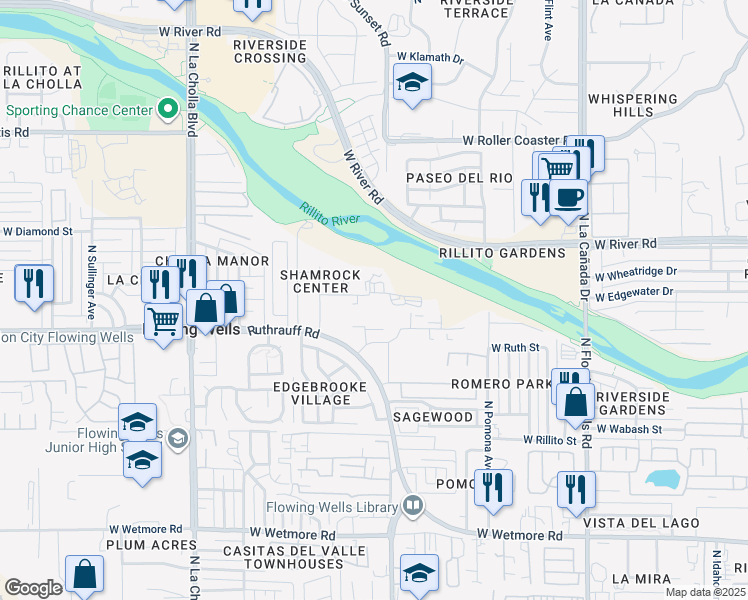 map of restaurants, bars, coffee shops, grocery stores, and more near 1791 West Dairy Place in Tucson