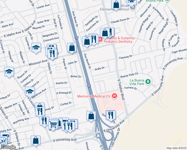 map of restaurants, bars, coffee shops, grocery stores, and more near 2601 Huntington Drive in Las Cruces