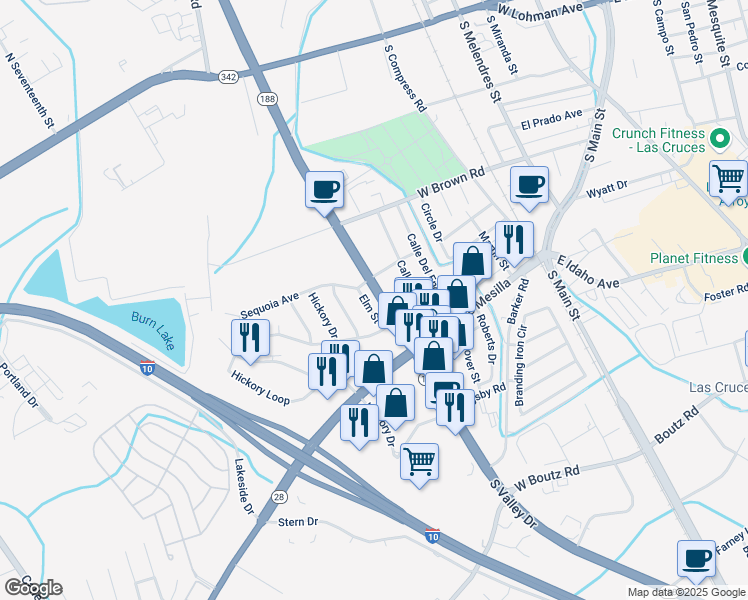 map of restaurants, bars, coffee shops, grocery stores, and more near 1014 Elm Street in Las Cruces